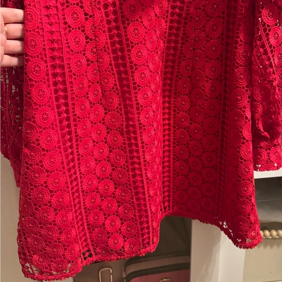 French Connection Lace Red Balloon Sleeve V-Neck Dress - Picture 11 of 13